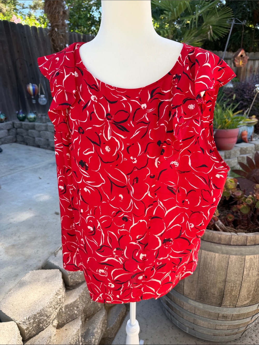 CAbi - Red Floral Ruffle Sleeve Women's Top